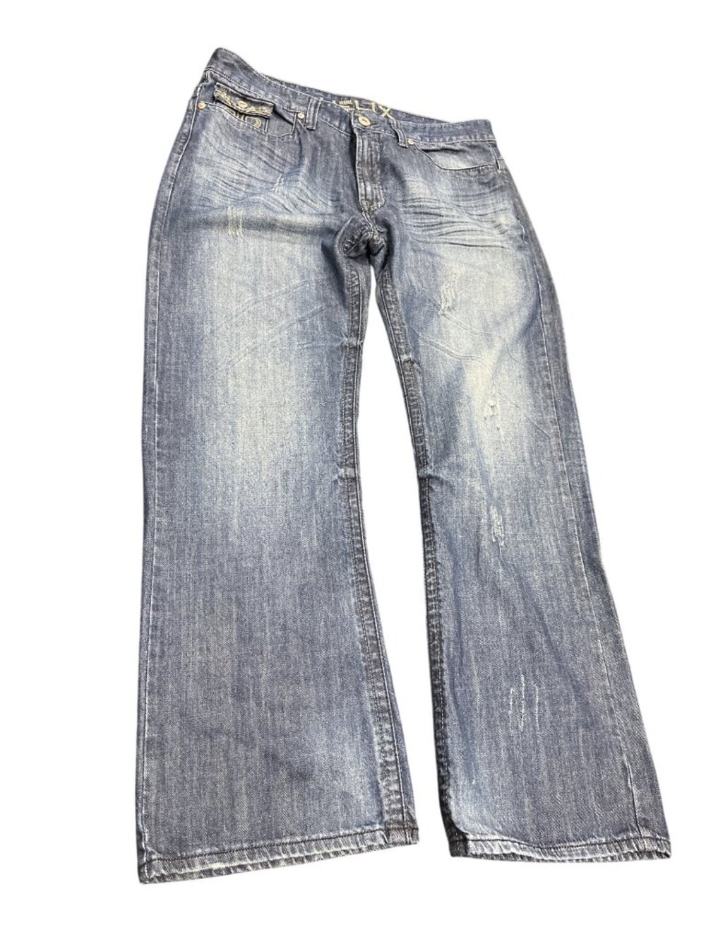 Helix mens blue denim embroided boot cut jeans sz 38x32 SKU 10-548